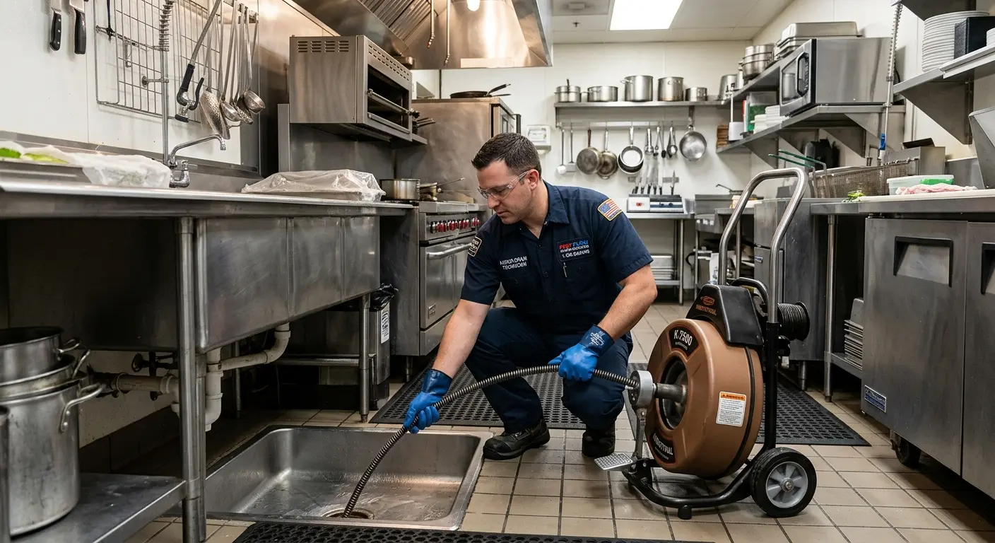 Commercial drain cleaning service in a restaurant kitchen in Sudbury