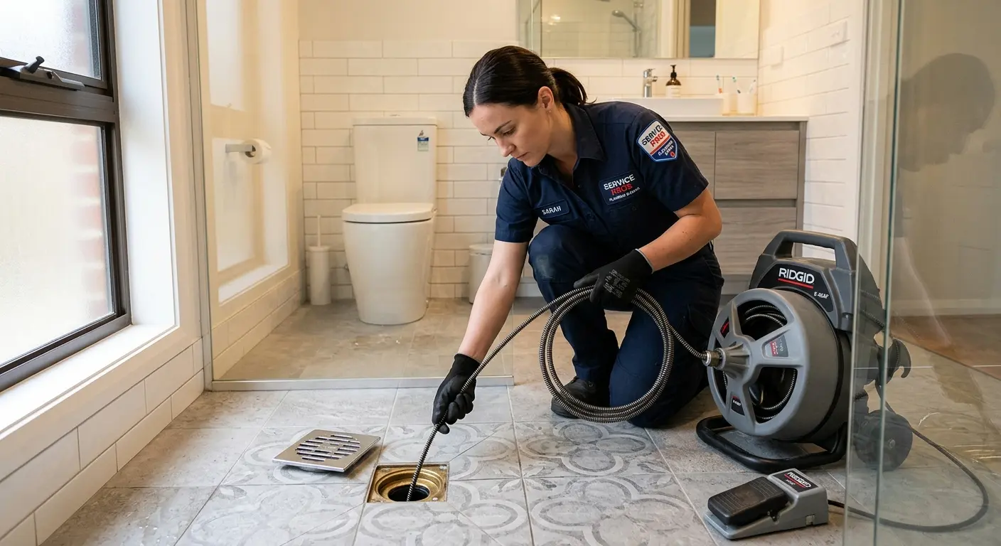 Technician clearing a bathroom floor drain for Hydro Jetting in Sudbury